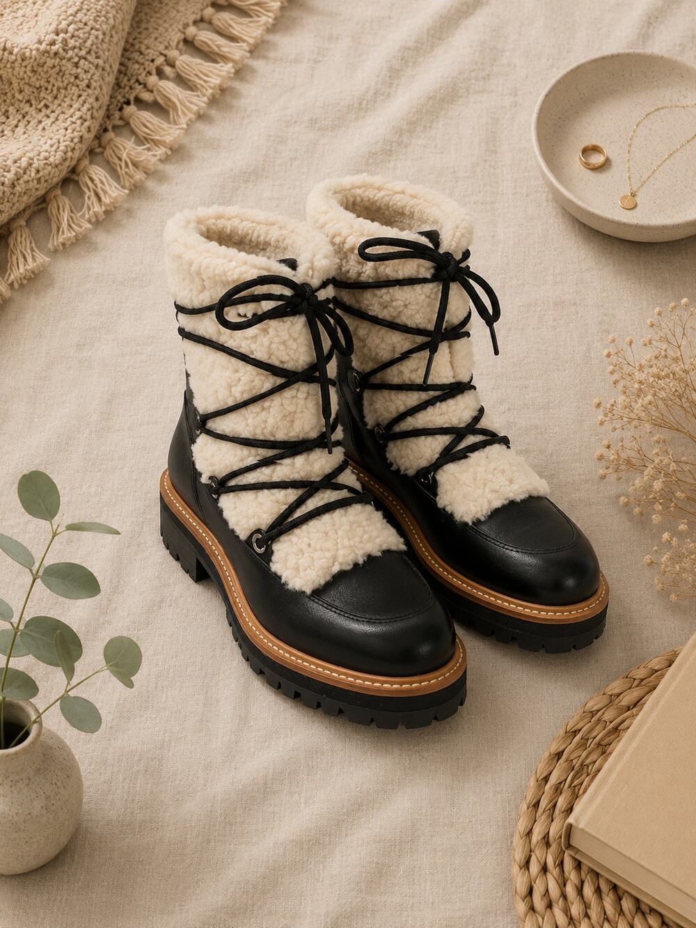 Marc Fisher Isha Shearling Trim Leather Boots Black/Cream Scandinavian Size 7.5